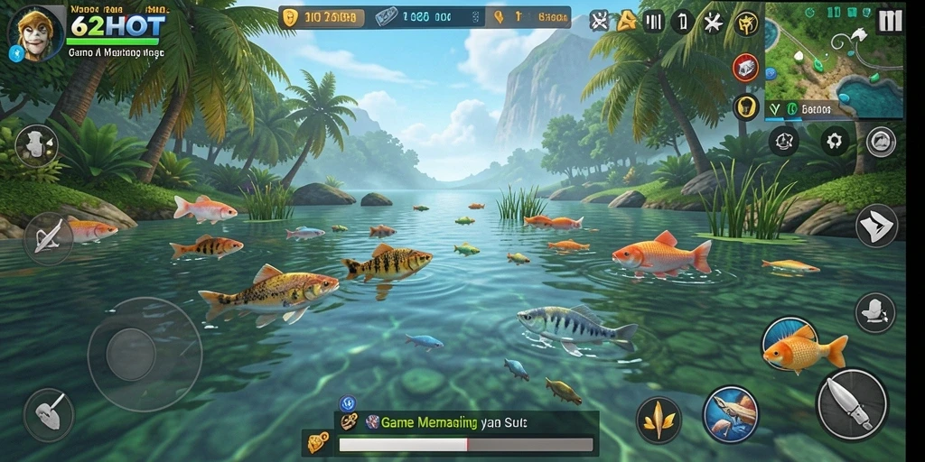 Tampilan gameplay <strong>62HOT</strong> dengan pemancing yang beraksi di lautan biru.