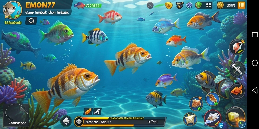 Screenshot gameplay seru dari EMON77 menampilkan aksi menembak ikan.