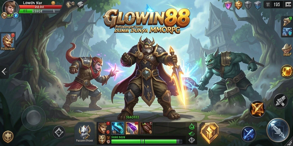 Tangkapan layar menampilkan aksi seru dalam gameplay GLOWIN88 dengan karakter berinteraksi di dunia fantastis.