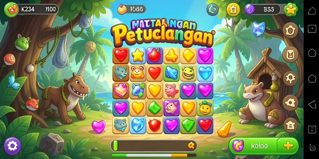 Tampilan gameplay Match-3 yang menarik dan penuh warna.