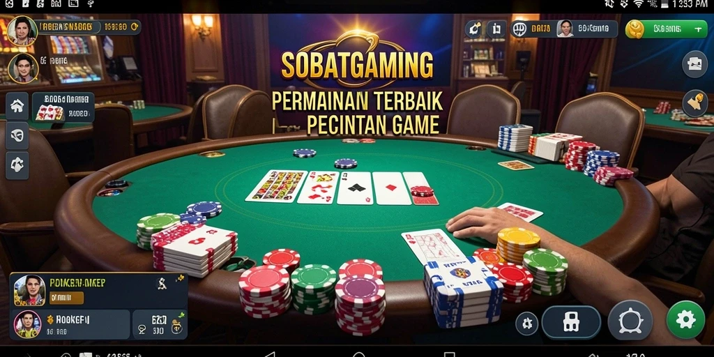 Screenshot gameplay SOBATGAMING yang menampilkan suasana meja Poker yang seru.