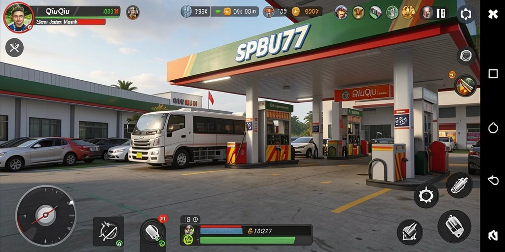Tampilan gameplay seru dalam SPBU77 yang menampilkan aksi QiuQiu.