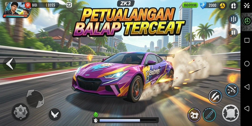 Tampilan mencolok dari gameplay ZK3 yang penuh dengan aksi balap.